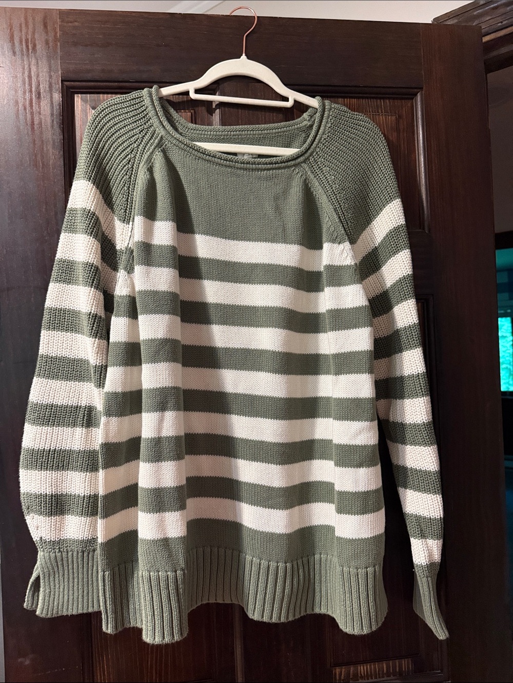 aerie Olive Green & White Striped Crewneck Sweater - Picture 1 of 2